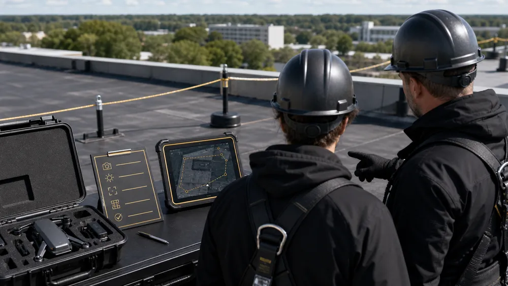 Commercial roofing workflow orientation around drone capture standards