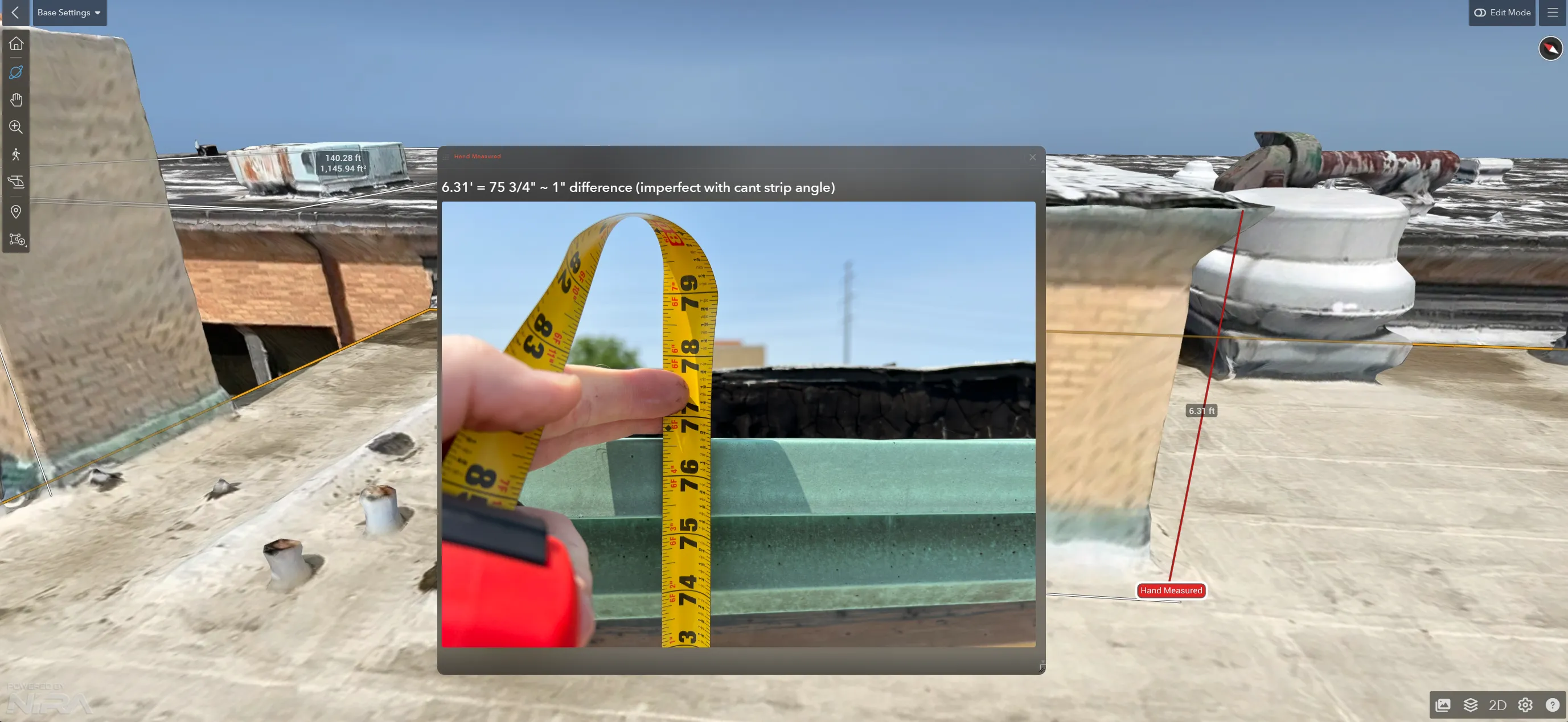 Hand measurement compared with the matching measurement in a 3D roof model