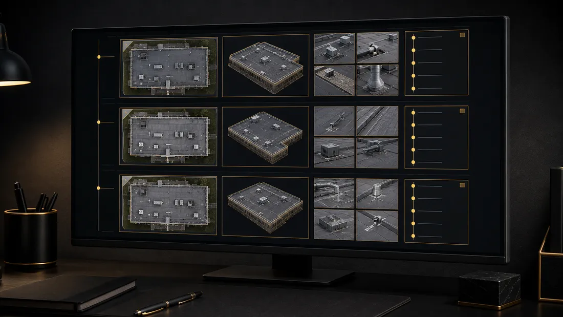 Roof information archive with models, orthomosaics, and photo evidence